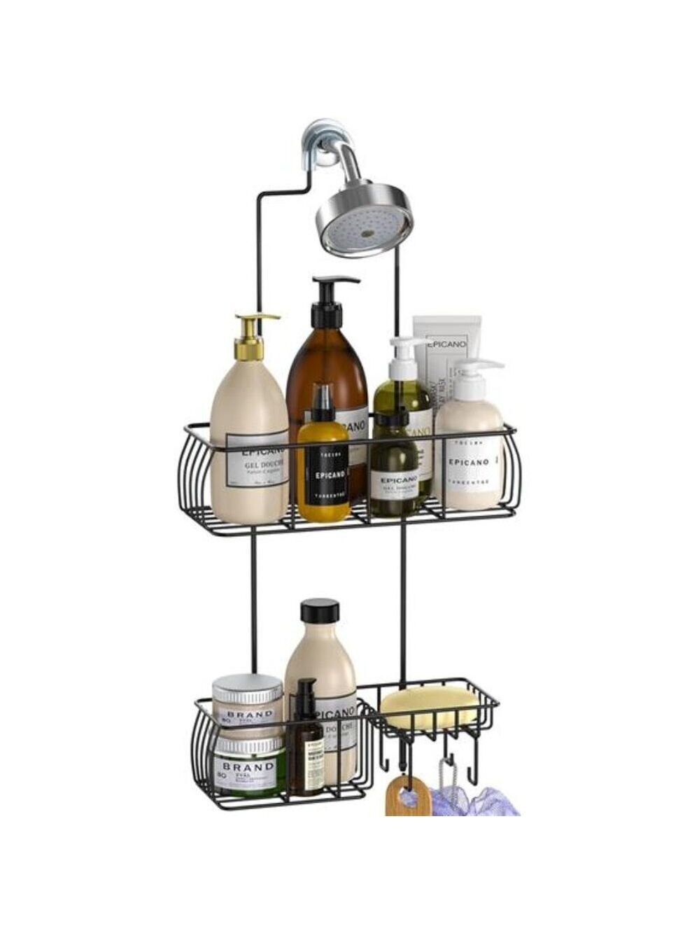 Shower Caddy Hanging Rustproof Over Head Bathroom Organizer Hooks Matte Black